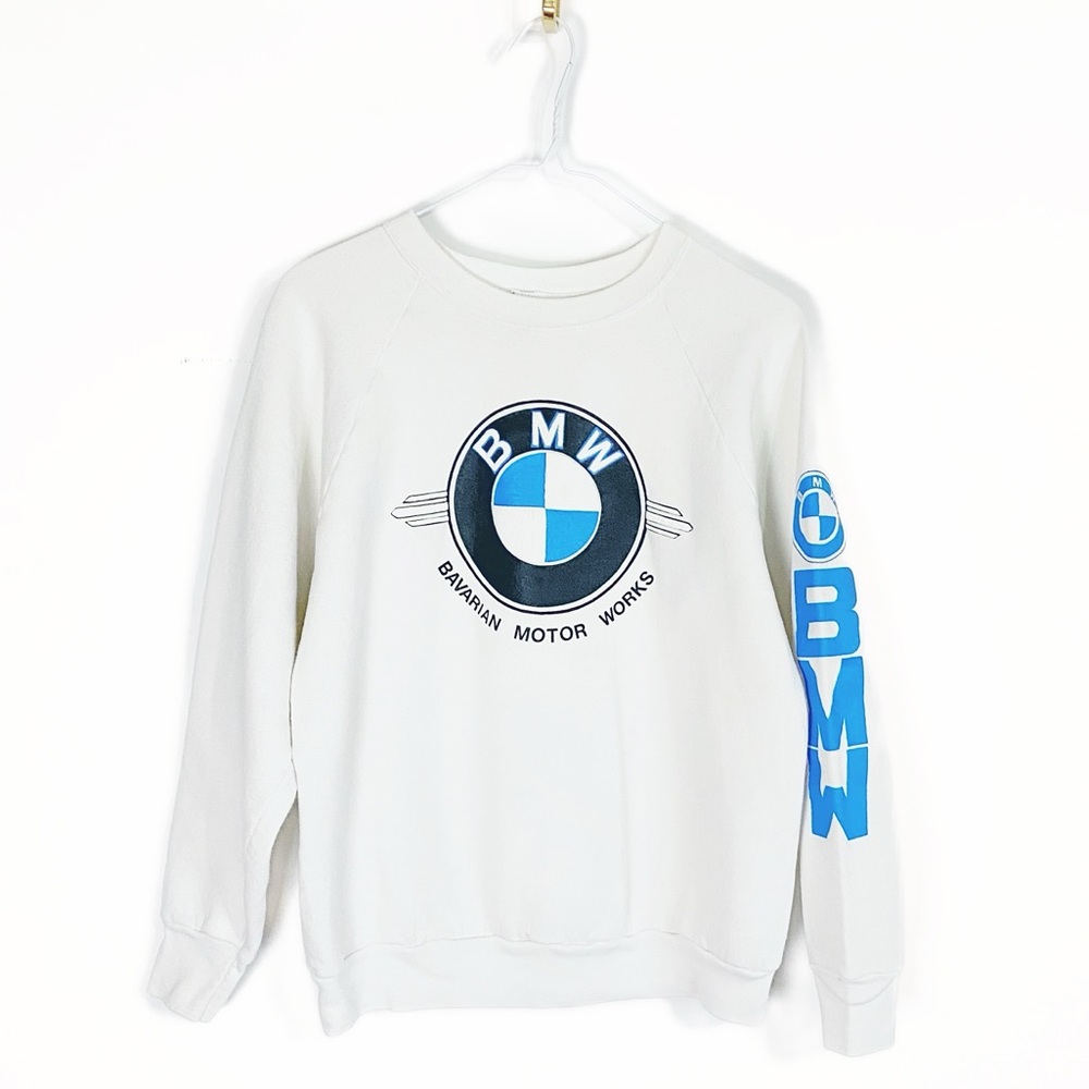 Vtg 80s 90s BMW Bavarian Motor Works Logo Fruit of the Loom White Sweatshirt L